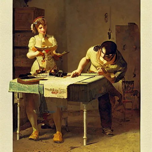 Image similar to young man and woman solving an escape room puzzle by carl spitzweg