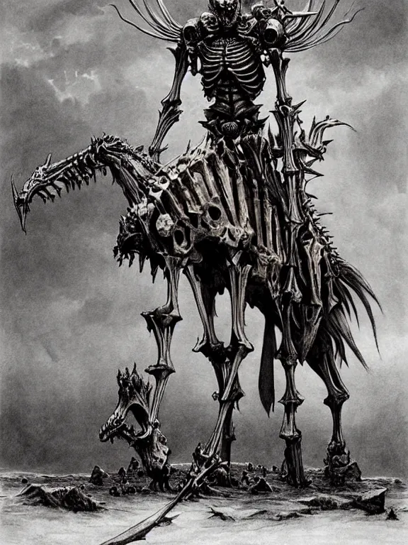 Prompt: A spiked centaur skeleton with armored joints stands. Massive shoulderplates. Extremely high detail, realistic, fantasy art, solo, masterpiece, bones, saturated colors, art by Zdzisław Beksiński, Arthur Rackham, Dariusz Zawadzki