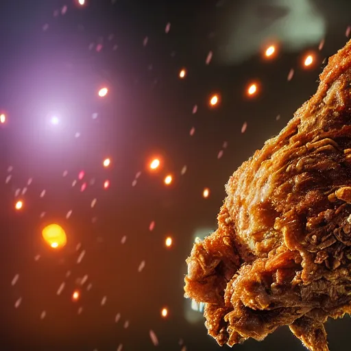 Image similar to fried chicken shooting with rockets, sci fi epic digital art, volumetric lighting, intricate detail, smooth, foggy, bokeh, futuristic