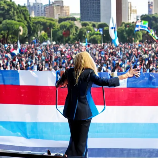 Image similar to Lady Gaga as president, Argentina presidential rally, Argentine flags behind, bokeh, giving a speech, detailed face, Argentina