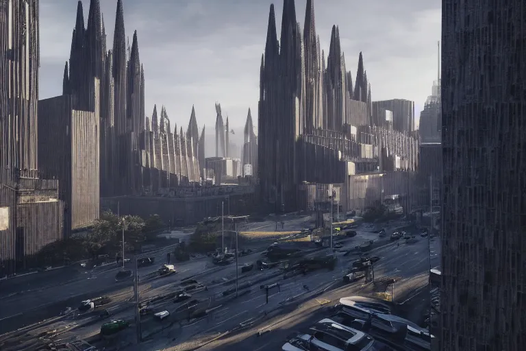 Image similar to streetscape, a towering cathedral of brutalist architecture, buildings covered with greebles, stunning volumetric light, sunset, metal, concrete and translucent material, stunning skies, majestic landscape, trending on Artstation, 8k, photorealistic, hyper detailed, unreal engine 5, IMAX quality, cinematic, epic lighting, in the style of Greg Rutkowski