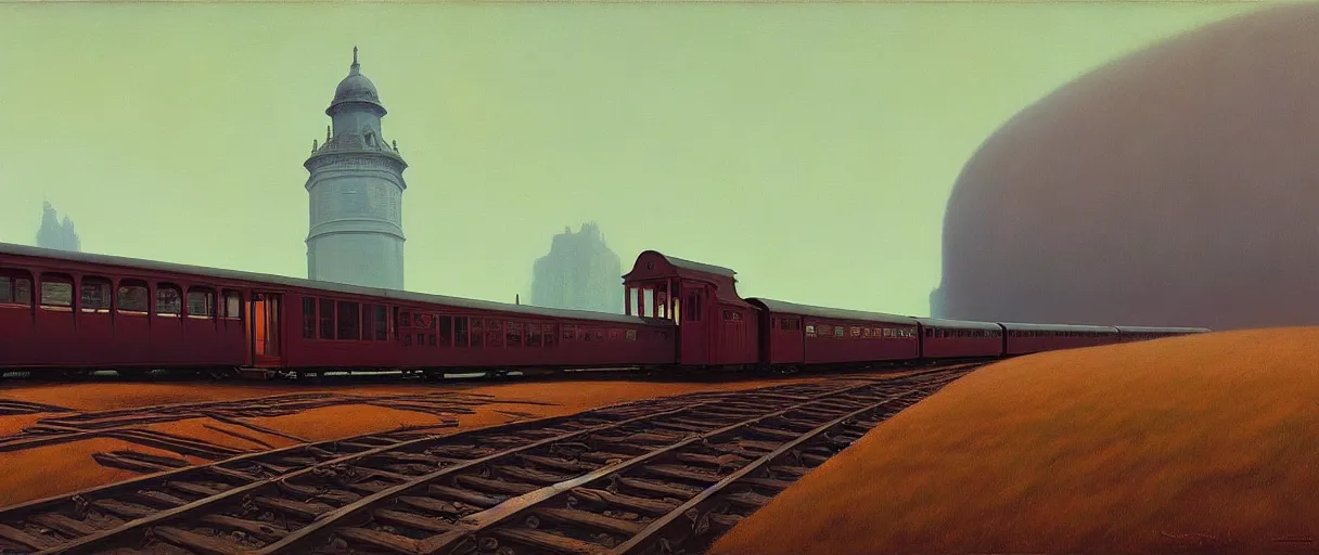 Image similar to Victorian train, Edward Hopper and James Gilleard, Zdzislaw Beksinski, Mark Ryden, Wolfgang Lettl highly detailed
