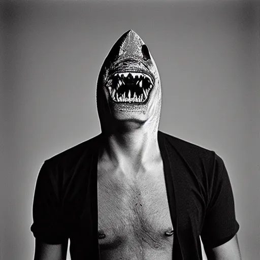 Image similar to a shark / human hybrid, studio medium format photograph