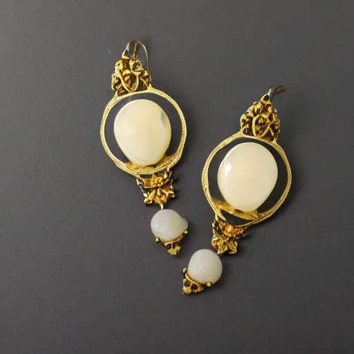 Image similar to creepy artnouveau style earrings made of gold ivory emerald