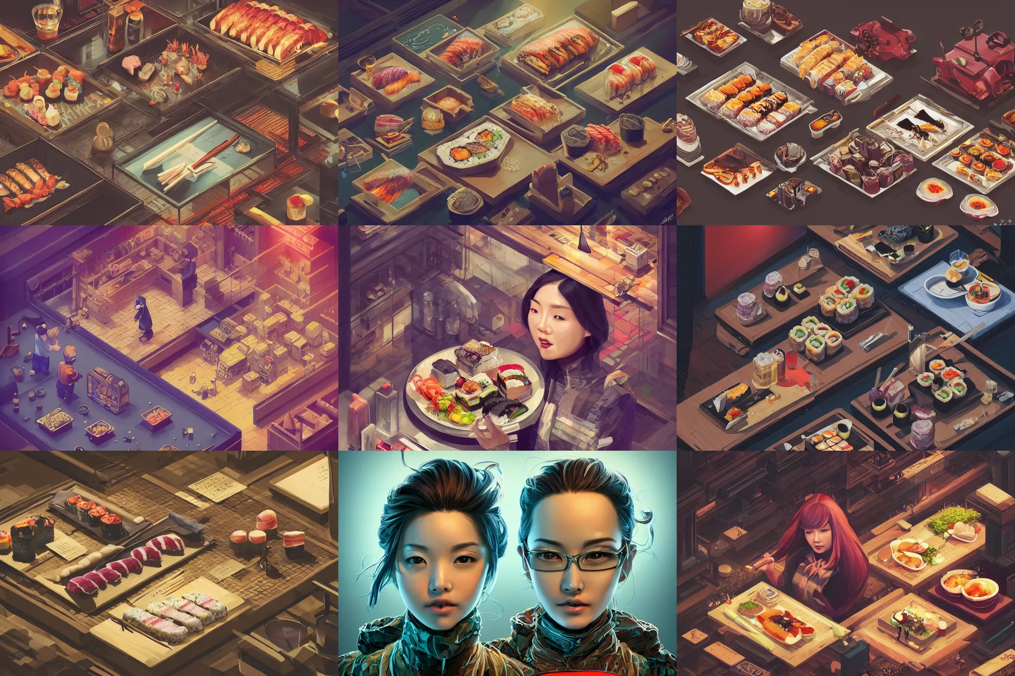 Prompt: portrait isometric drawing, printerest, sushi gourmet, intricate, epic lighting, cinematic composition, hyper realistic, 8k resolution, unreal engine 5, by Artgerm, tooth wu, dan mumford, beeple, wlop, rossdraws, James Jean, Andrei Riabovitchev, Marc Simonetti, yoshitaka Amano, Artstation