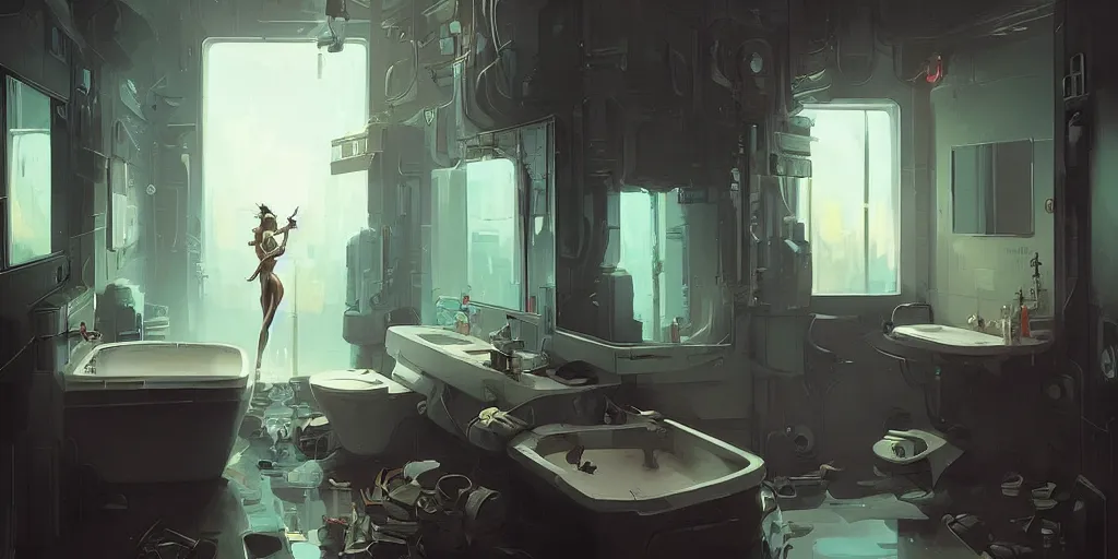 Image similar to bathroom interior, cyberpunk, lofi, detailed, loish, trends in artstation by peter mohrbacher,