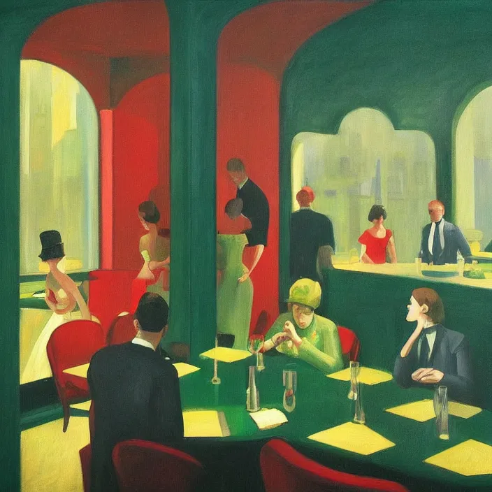 Prompt: green people at red art deco restaurant, open ceiling, highly detailed, painted by Edward Hopper, painted by James Gilleard