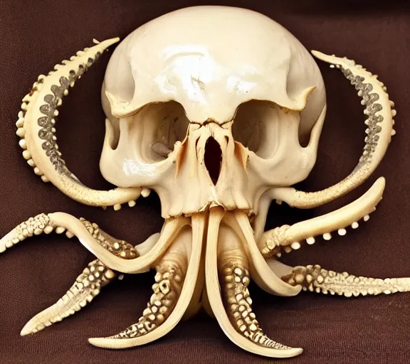 Image similar to an intricately detailed carving in an human - octopus skull, rococo ornate bone and ivory sculpted skull with teeth and tentacles, horror, artifact, micro detailed, inscribed with occult symbols, otherworldly