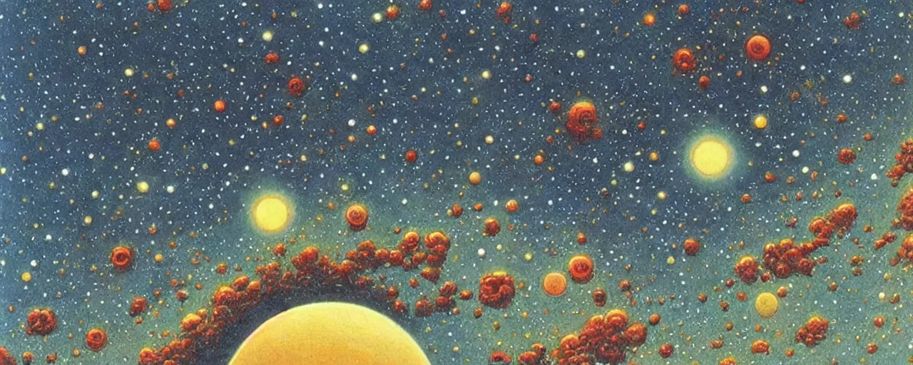 Image similar to ” a beautiful planet at the end of the galaxy painted by moebius. ”