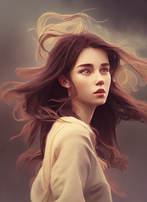 Image similar to handsome young women with shoulder length brown hair, smoke, foggy, half body shot, path traced, highly detailed, high quality, digital painting, alena aenami, lilia alvarado, shinji aramaki, karol bak, alphonse mucha, tom bagshaw