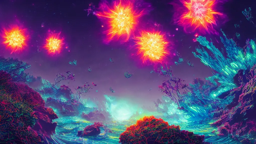 Prompt: a beautiful painting of a neutron stars exploding in bioluminescent gardens, colorful dream, glitches, detailed art, by shan jiang and moebius, trending on artstation