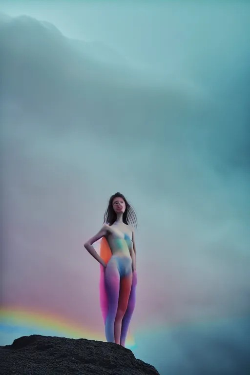 Image similar to high quality pastel coloured film close up wide angle photograph of a model wearing clothing swimming on cloud furniture in a icelandic black rock!! environment in a partially haze filled dreamstate world. three point light, rainbow. photographic production. art directed. pastel colours. volumetric clouds. pastel gradient overlay. waves glitch artefacts. extreme facial clarity. 8 k. filmic.