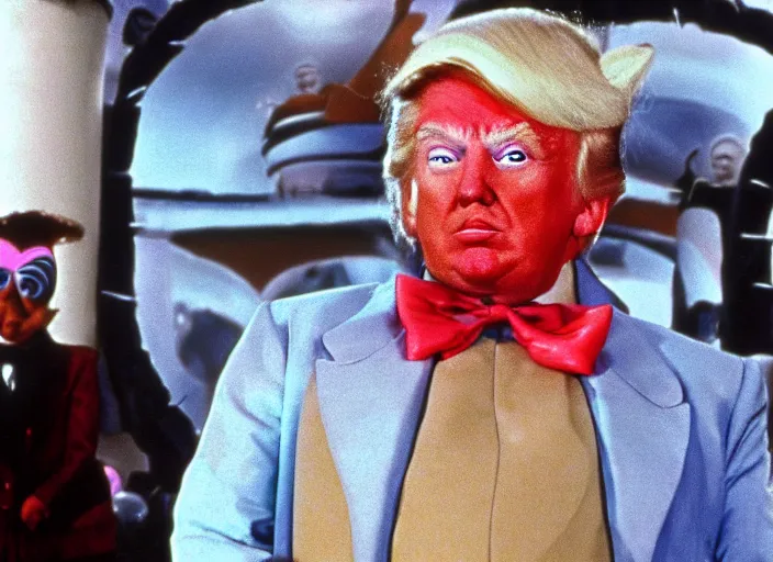 Prompt: film still of Donald Trump as a oompa loompa in Willy Wonka's and the Chocolate Factory 1971