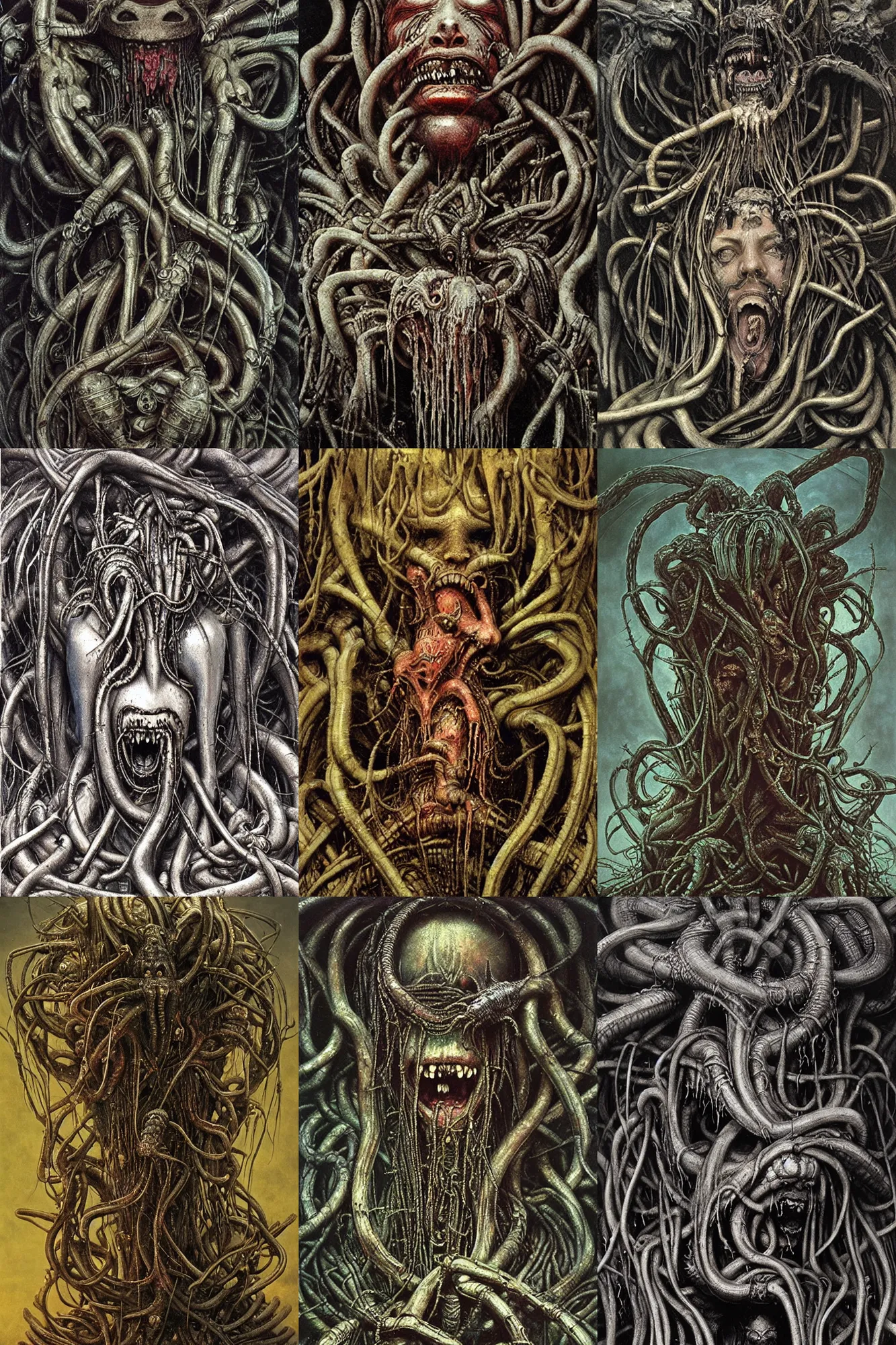 Prompt: Beetles gushing out of Medusa\'s mouth, dramatic, art style hr giger and beksinski , super details, dark dull colors, ornate Giger background, mysterious, eerie, sinister