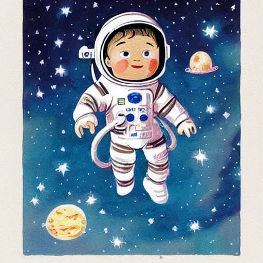 Image similar to a cute little girl with a round cherubic face, blue eyes, and short wavy light brown hair smiles as she floats in space with stars all around her. she is an astronaut, wearing a space suit. beautiful cartoon painting with highly detailed face by quentin blake and greg rutkowski