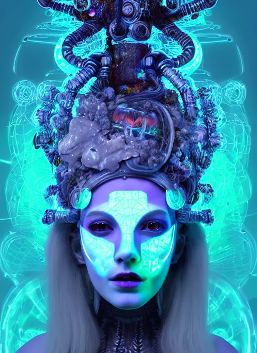 Image similar to 3 d goddess medium shot half - portrait with hyperdimensional mycorrhizal fungal implants. beautiful intricately detailed avante garde biopunk mask and alchemical retrowave sorceress outfit. glowing bio luminescent outline, storm, pulse projections, plasma, creature, artwork by tooth wu and wlop and android jones and beetle and greg rutkowsk