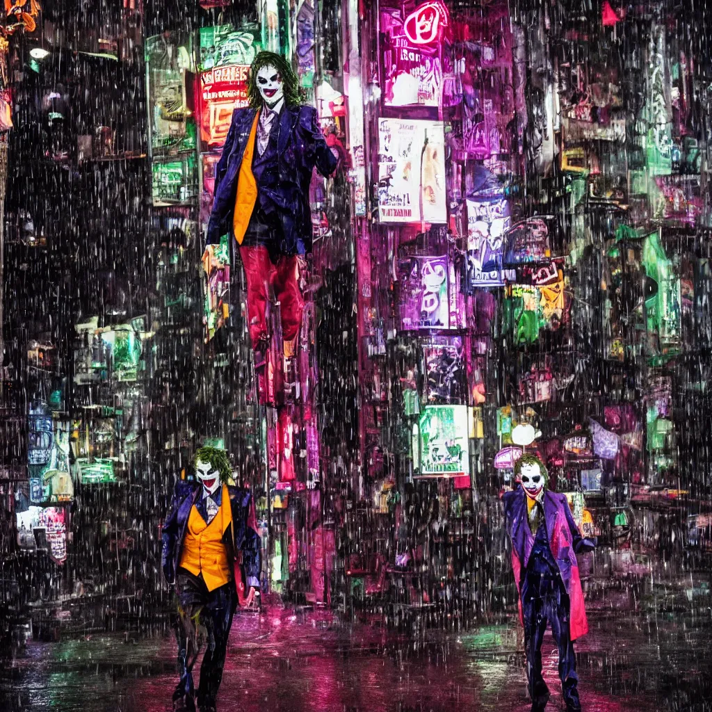 Image similar to night flash portrait photography of the joker on the lower east side by annie leibovitz, colorful!!, nighttime!, raining!