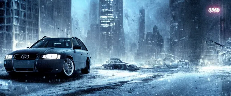 Prompt: Audi A4 B6 Avant (2002), a post apocalyptic, dramatic lighting, cinematic, establishing shot, extremly high detail, photorealistic, cinematic lighting, artstation, style by greg rutkowsky, Max Payne (2003) winter New York landscape at night