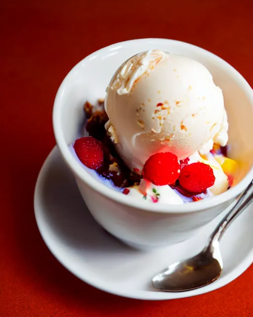 Image similar to dslr food photograph of a cup of ice cream sundae with shrimps on. 8 5 mm f 1. 4