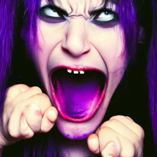 Image similar to extrem mad girl with extrem anger screams into the void to release her anger, high detail picture in dark purple colors