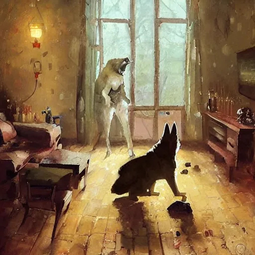 Image similar to a humanoid german shepherd beast - man, sitting and watching a soccer match in his house on television, he has hurt his knee and is a dad, by erin hanson, alexi zaitsev, karl spitzweg, award winning, tv set