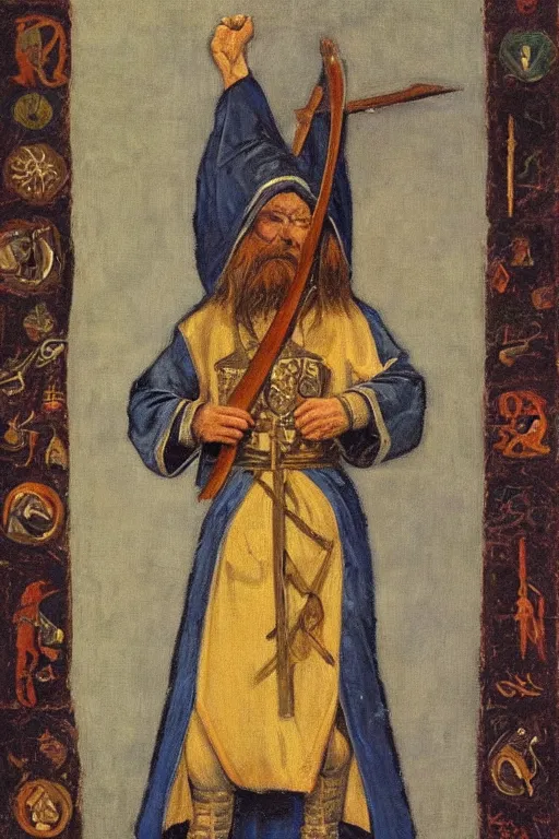 Prompt: slavic man in medieval clothes, fights with a sword, orthodox, oil painting, concept art, hyperrealism, beautiful, high resolution, trending on artstation, by annie swynnerton and nicholas roerich, embroidered robes, elaborate costume, geometric ornament, symbolist, soft colors, dramatic lighting, smooth, sharp focus, extremely detailed, two hands,