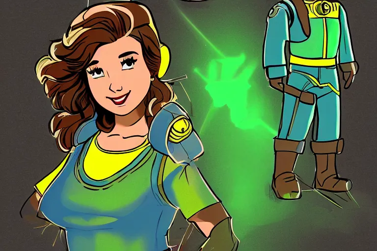 Image similar to pokimane as a vault boy from fallout, pipboy art, highly detailed, green hologram