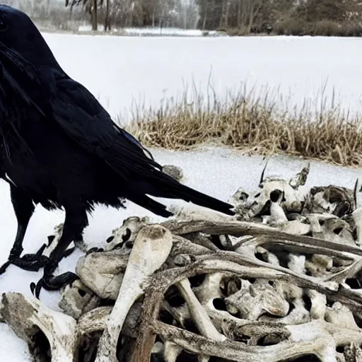 Image similar to a close up of a raven sitting on a skull upon a pile of bones in a snowy field. creepy, occult, horror