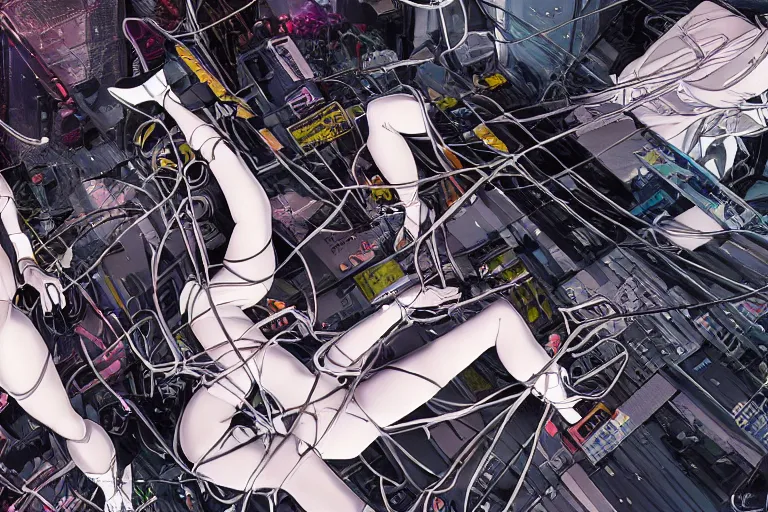 Image similar to a finely composed cyberpunk illustration of a group of white female androids' in style of hajime sorayama, lying on an abstract, empty, white floor with their body parts scattered around and cables and wires coming out, by katsuhiro otomo and masamune shirow, hyper-detailed, colorful, view from above