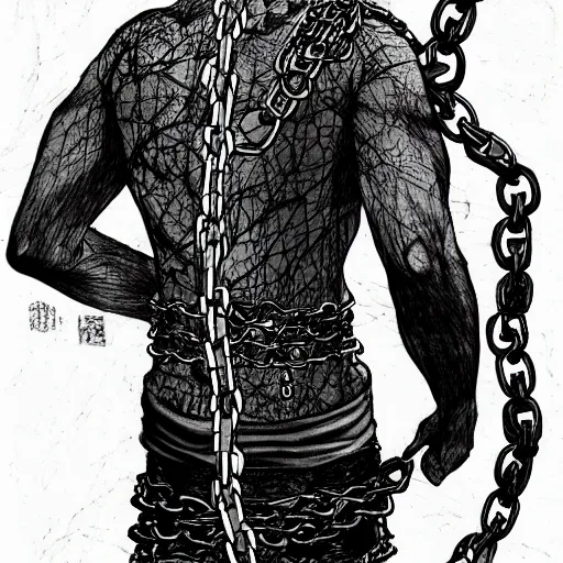 Image similar to A FULL BODY PORTRAIT FROM BEHIND OF TAKEZO VAGABOND ,THE MAN KEEPS A KUSARIGAMA AND IT IS WRAPPED IN CHAINS ,detailed, concept art, ink style , sketch