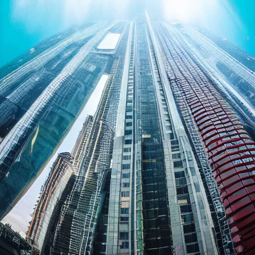 Prompt: photo of a skyscraper underwater