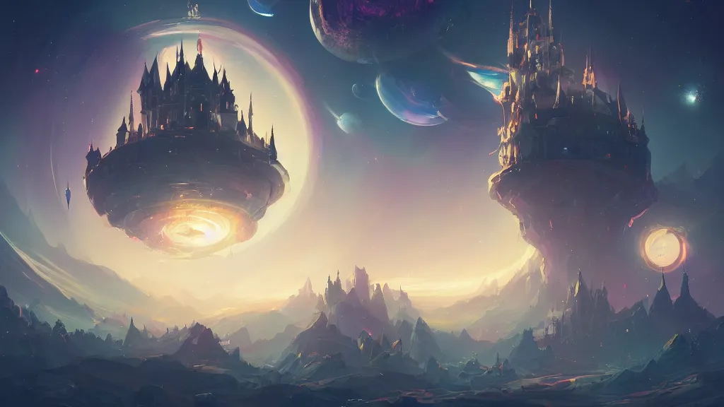 Image similar to a mysterious castle floating in space, surrounded by glowing energy rings, starry black space, by sylvain sarrailh, rossdraws, ultra detailed, fantasy artwork, 8 k, volumetric lighting, trending on artstation, award winning, beautiful scenery, very beautiful.