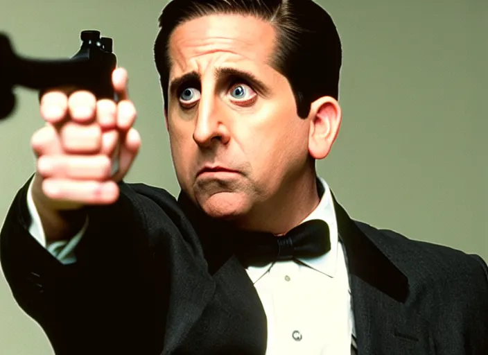 Image similar to film still of michael scott aiming a pistol, 8 k,