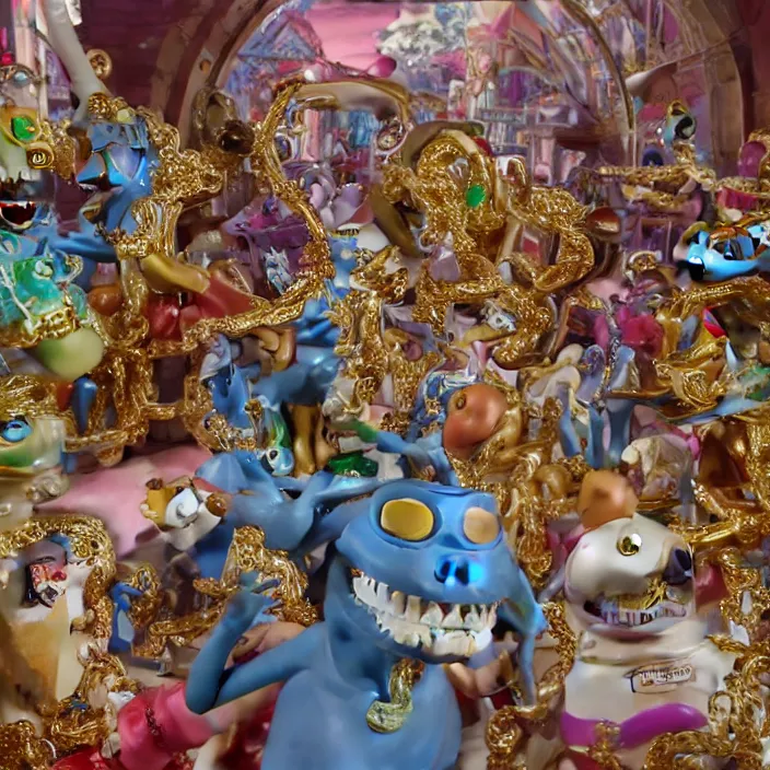 Image similar to jeff koons hip hop style street sharks wearing grillz and a ton of bussdown iced gold bling in wallace & gromit claymation, ultra realistic, concept art, intricate details, serious, highly detailed, photorealistic, octane render, 8 k, unreal engine, art by todd mcfarlane and artgerm and greg rutkowski and alphonse mucha