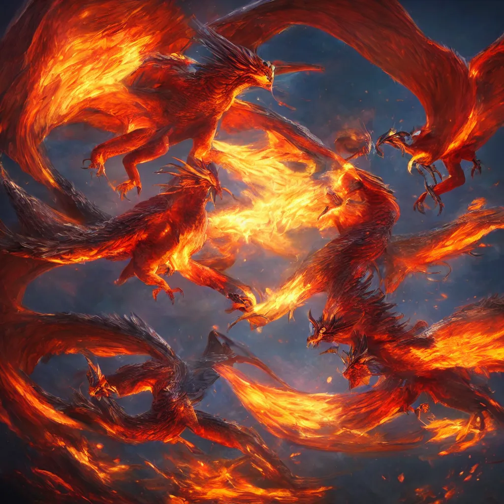 Prompt: Beautiful painting of phoenix bird fighting against dragon, trending on artstation, unreal engine, 4k