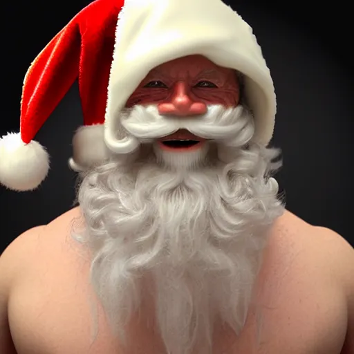 Prompt: frontal torso view of evil santa claus with cream colored cap and cream colored robe, red mouth, greenish cream colored background, fine art, award winning, intricate, elegant, sharp focus, cinematic lighting, digital painting, 8 k concept art, by michael hussar and greg manchess and brom and z. w. gu, 8 k