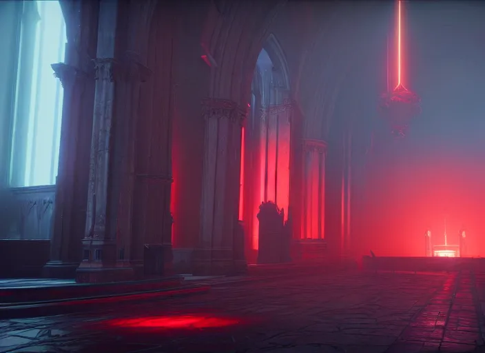 Image similar to ancient church with red shafts of light in destiny 2, foggy, liminal, dark, dystopian, beautiful architecture, abandoned, highly detailed 4 k 6 0 fps in - game destiny 2 gameplay screenshot leak