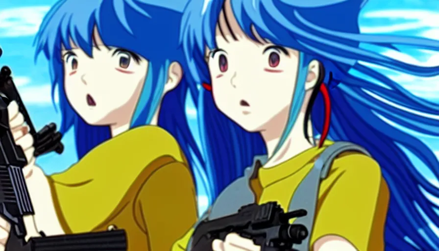 Image similar to 8 k screencap of a blue - haired girl with a gun on a favela anime, by hayao miyazaki, studio ghibli, extremely high quality artwork