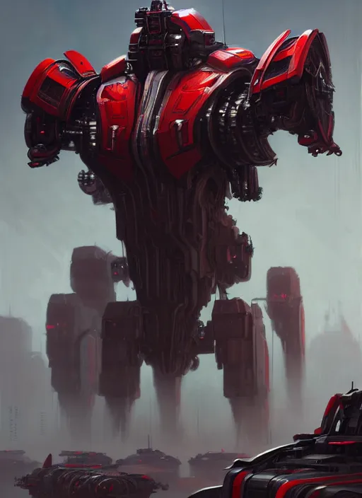 Image similar to wide view of epic muscular mechanical futuristic war machine with red and white accent. highly detailed, digital painting, concept art, smooth, sharp focus, illustration, art by greg rutkowski