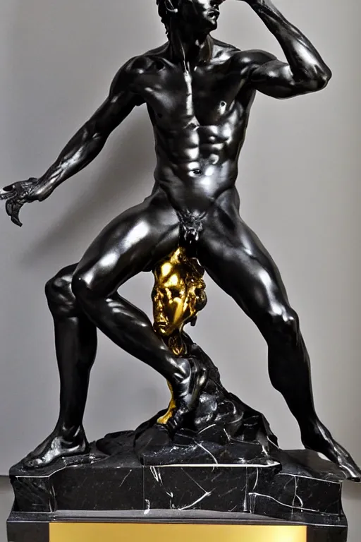 Prompt: andromeda prince statue sculpted by bernini and hedi xandt made with black marble with gold plating, realistic