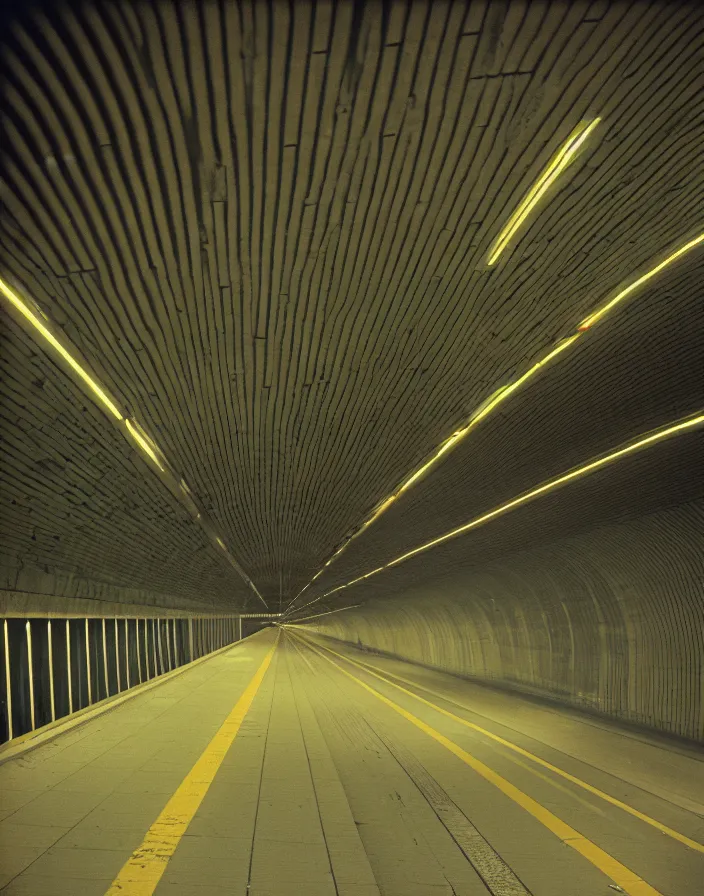 Image similar to tunnel under detroit airport, telephoto zoom, 2 0 0 mm, kodak kodachrome 6 4,