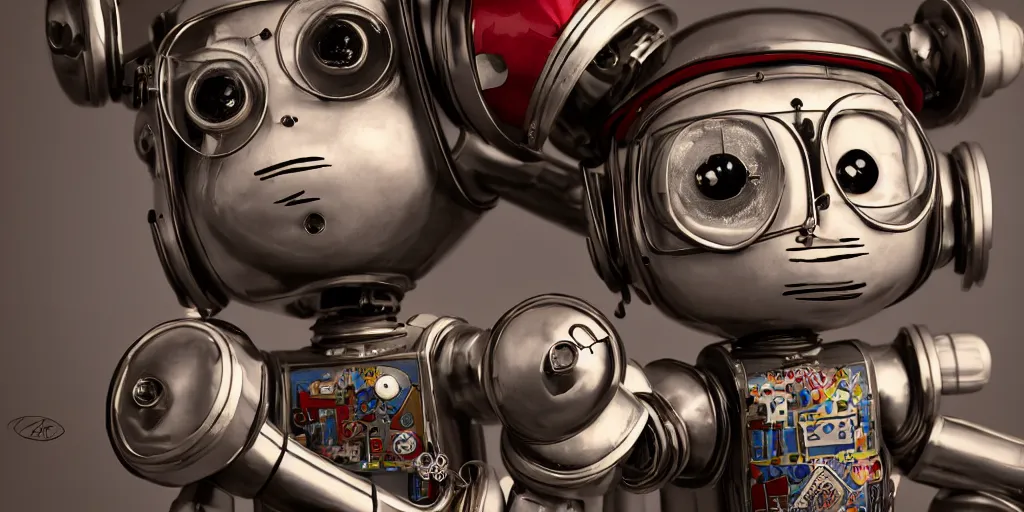 Image similar to closeup portrait of tin toy retro robot artist drawing on paper, in a workshop, depth of field, zeiss lens, detailed, centered, fashion photoshoot, by nicoletta ceccoli, mark ryden, lostfish, breathtaking, 8 k resolution, extremely detailed, beautiful, establishing shot, artistic, hyperrealistic, octane render