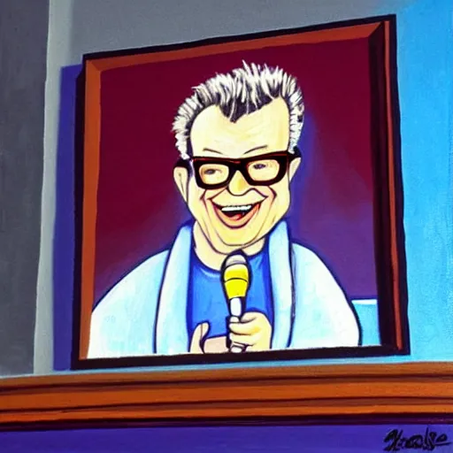 Image similar to painting of harry caray singing in press box