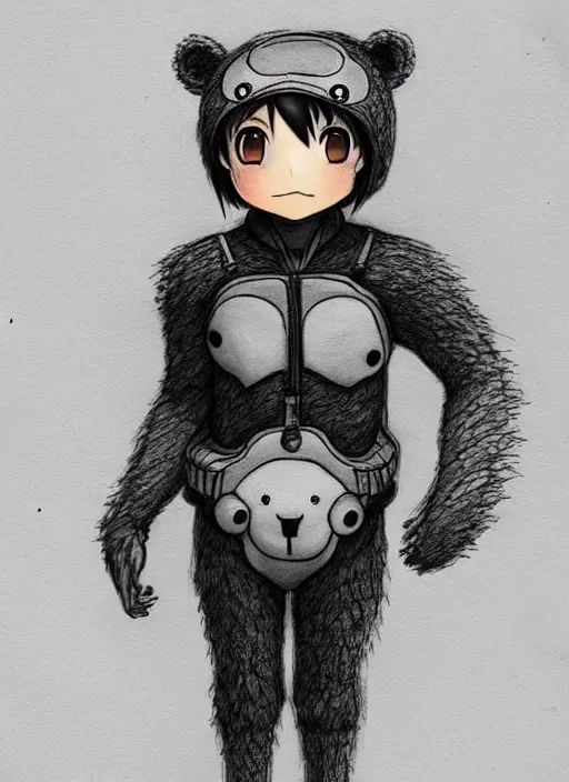 Image similar to beautiful little boy wearing an cyborg bear suit, artwork in kentaro miura and made in abyss and rosdraws, smooth, beautiful lightness, anatomically correct, trending on pixiv, forest