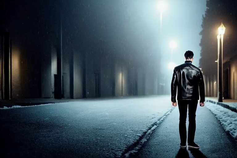 Image similar to movie shot of young man from back pacing lowering head dressed in short leather bomber jacket to empty narrow alley with street lamps in park with pines to the horizon, with hands in pockets, snowfall at night, mullet long haircut, black hairs, cinematic, dramatic, detailed, realistic, movie shot, low greenish lighting