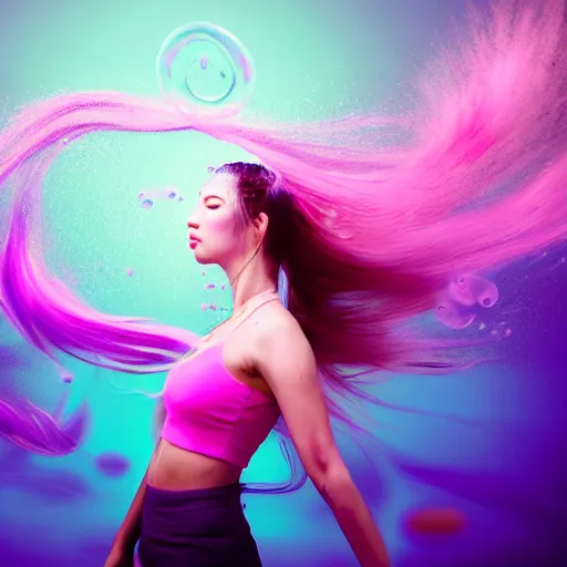 Image similar to a award winning half body portrait of a beautiful woman in a croptop with a ombre purple pink teal hairstyle with head in motion and hair flying, water bubbles, outrun, vaporware, vivid colors, highly detailed, fine detail, intricate