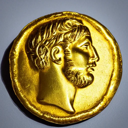 Prompt: an ancient roman gold coin with the face of drake, close up photo, ultra realistic, studio photo, bokeh.