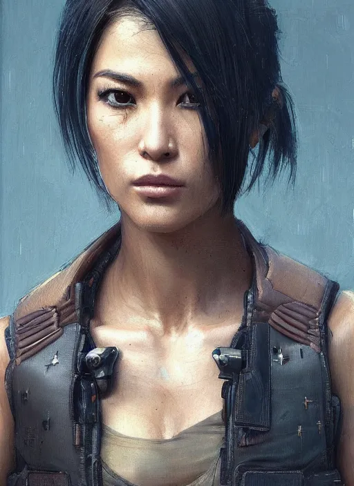 Image similar to Nikki tanaka. beautiful cyberpunk female USN marine wearing a military vest and military stealth suit (cyberpunk 2077, bladerunner 2049). gorgeous face. Iranian orientalist portrait by john william waterhouse and Edwin Longsden Long and Theodore Ralli and Nasreddine Dinet, oil on canvas. Cinematic, hyper realism, realistic proportions, dramatic lighting, high detail 4k