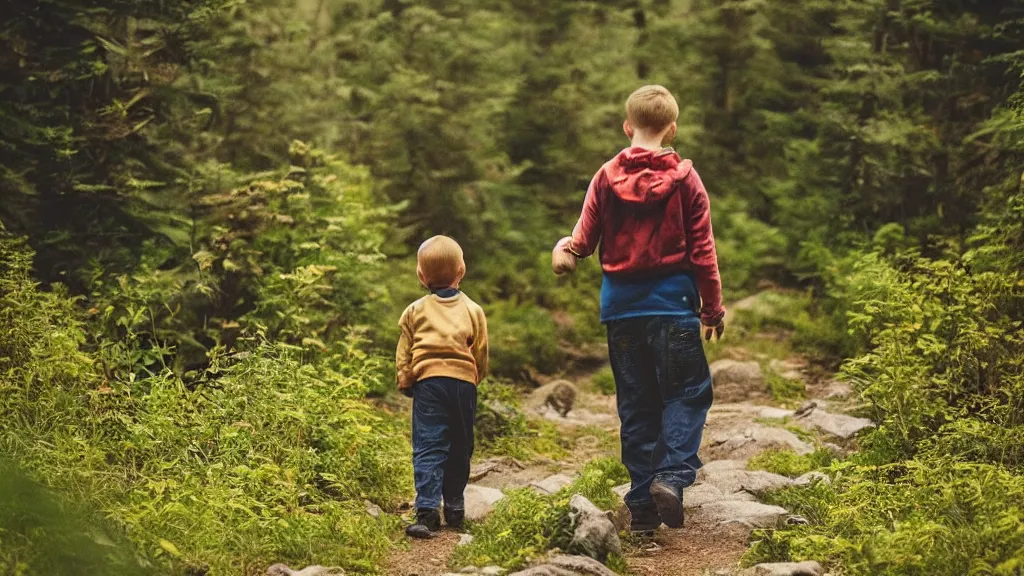 Image similar to “ one young boy in the middle of his parents, walk on a trail in forest, one golden retriever running happily, mountains in the background, highly detailed ”