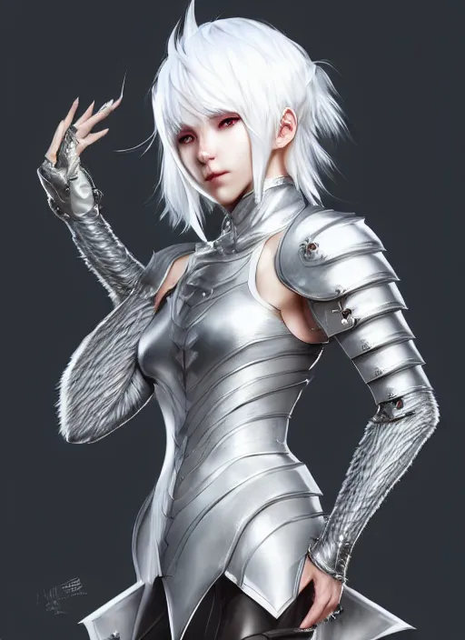 Image similar to fur - lined armor!!! beautiful and elegant white haired female!! gorgeous ayes!! character concept art, sharp focus, octane render! unreal engine 5! highly rendered!! trending on artstation!! detailed linework!! illustration by artgerm, wlop and chie yoshii